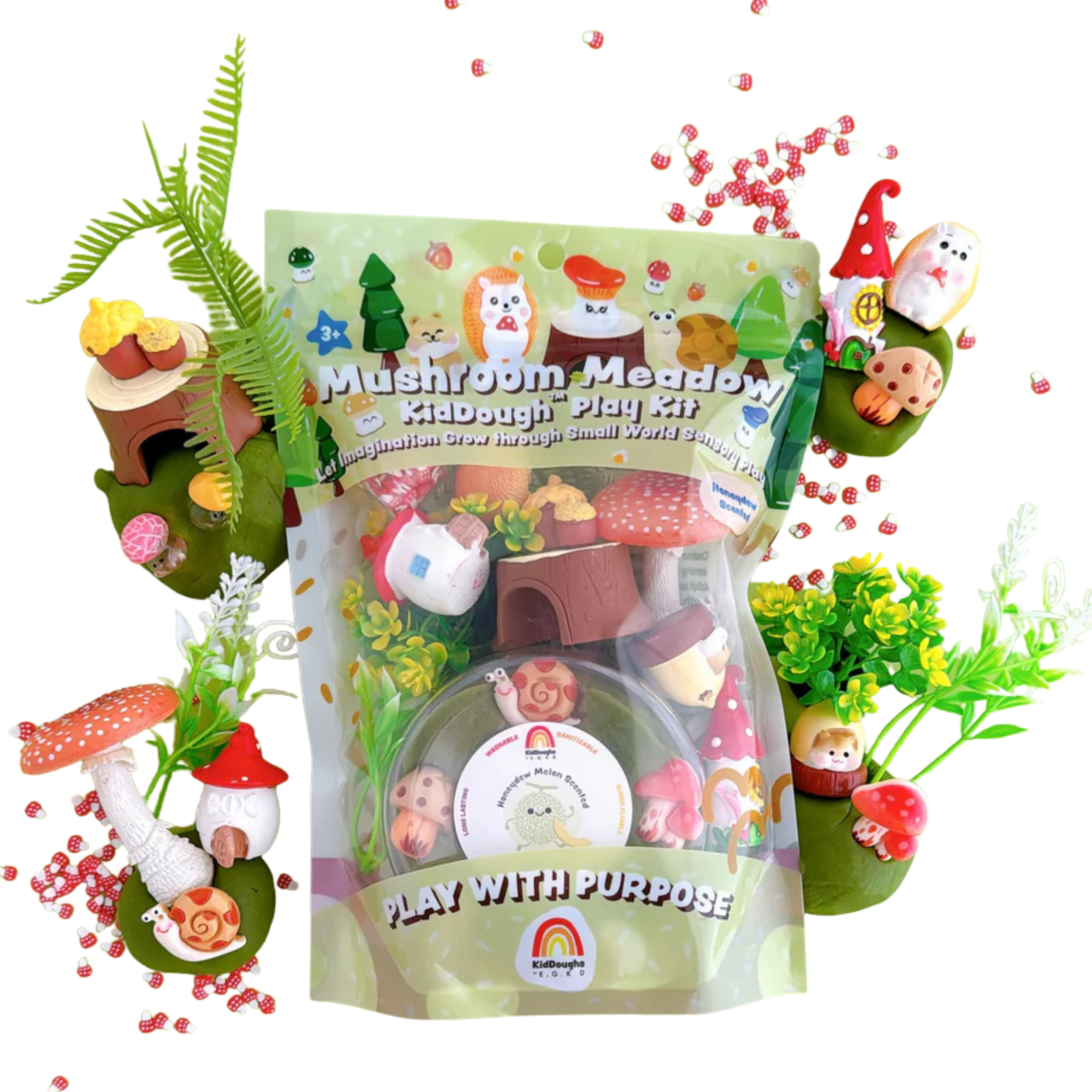 Mushroom themed sensory playdough kit with green honeydew scented KidDough, woodland mushroom houses, hedgehog figurine and forest accessories for kids imaginative play