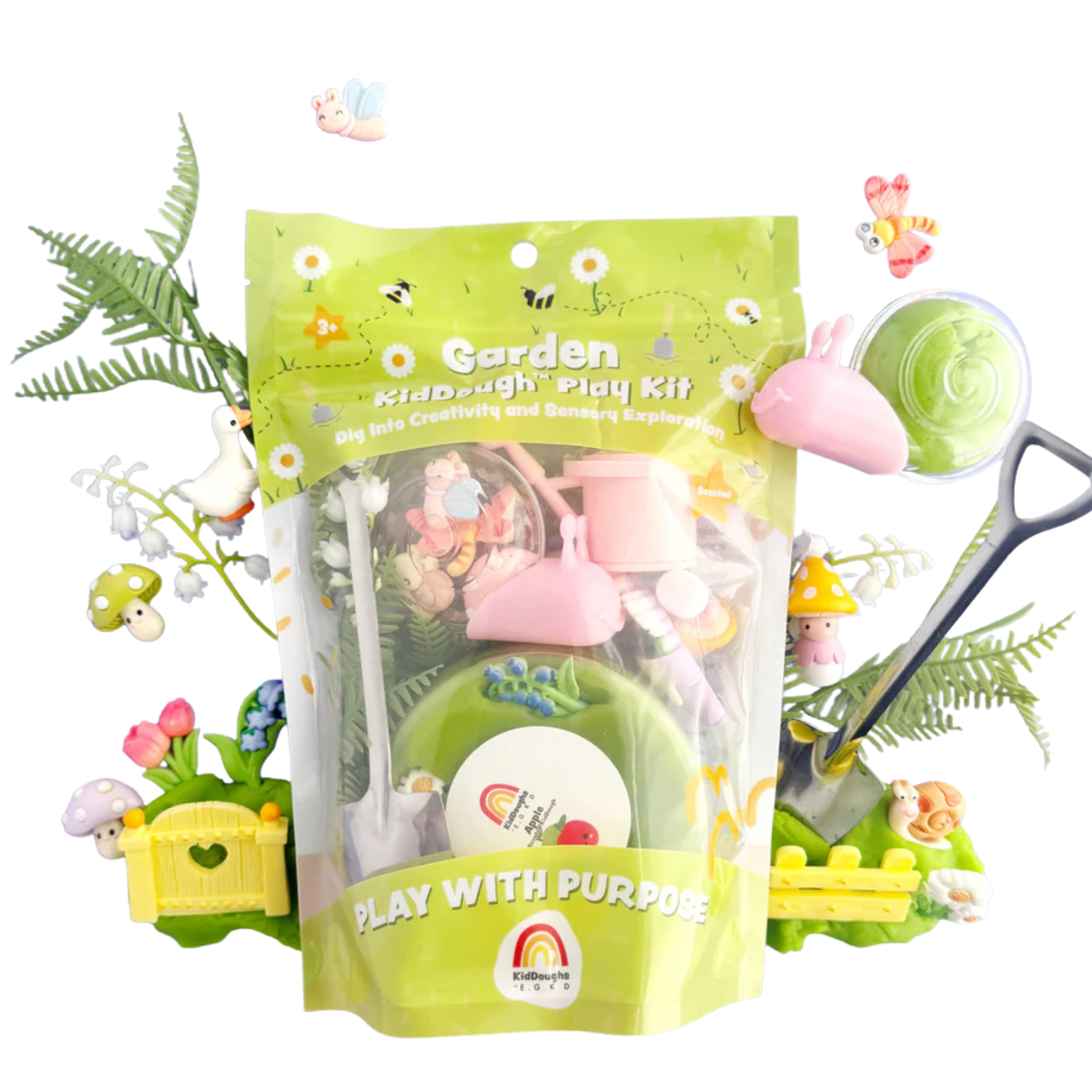 Garden themed sensory playdough kit with green apple scented KidDough, miniature flowers, mushroom figurines, shovel and watering can for kids imaginative outdoor play