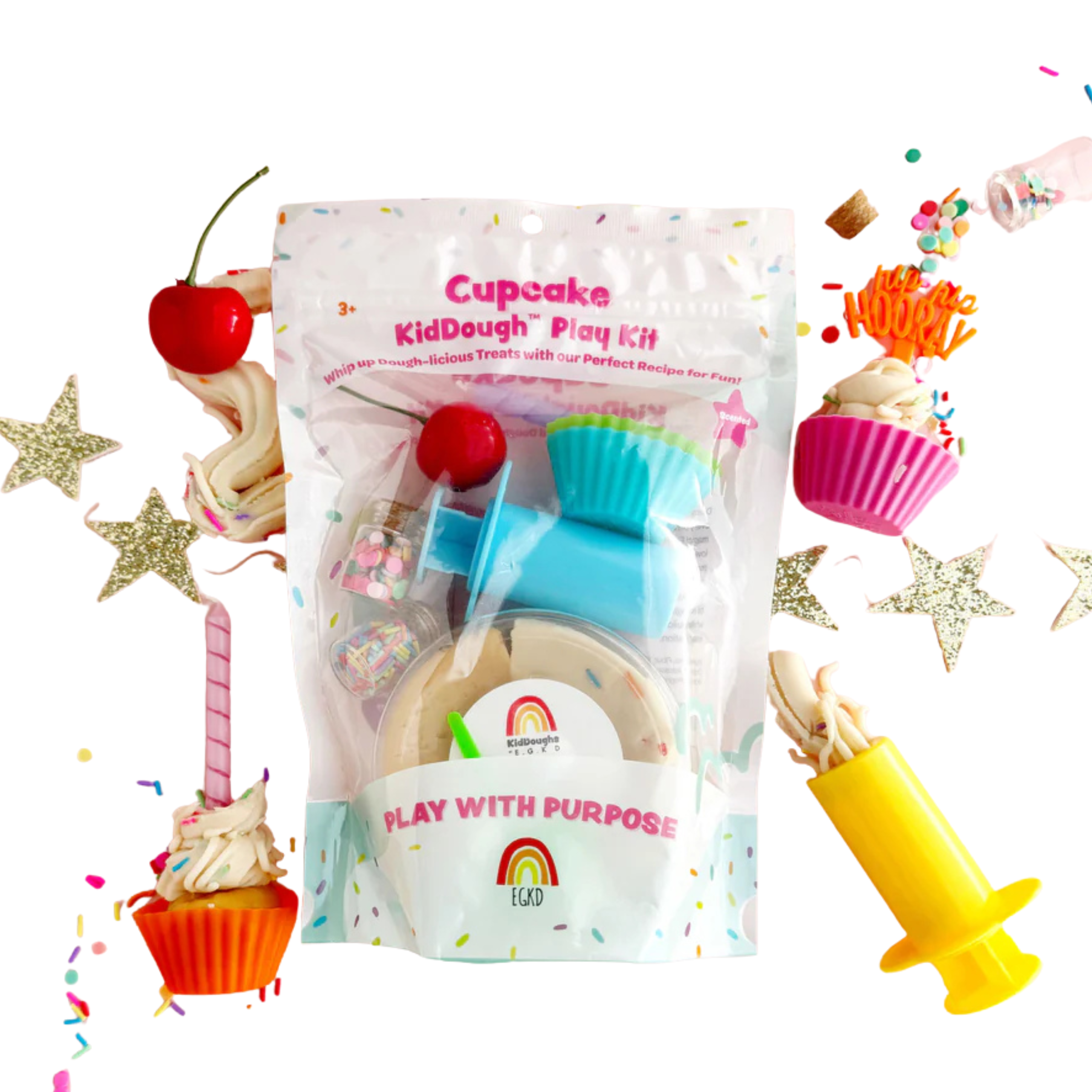 Cupcake themed sensory playdough kit with scented KidDough, silicone baking cups, sprinkles, extruder tool and cupcake accessories for kids pretend baking play