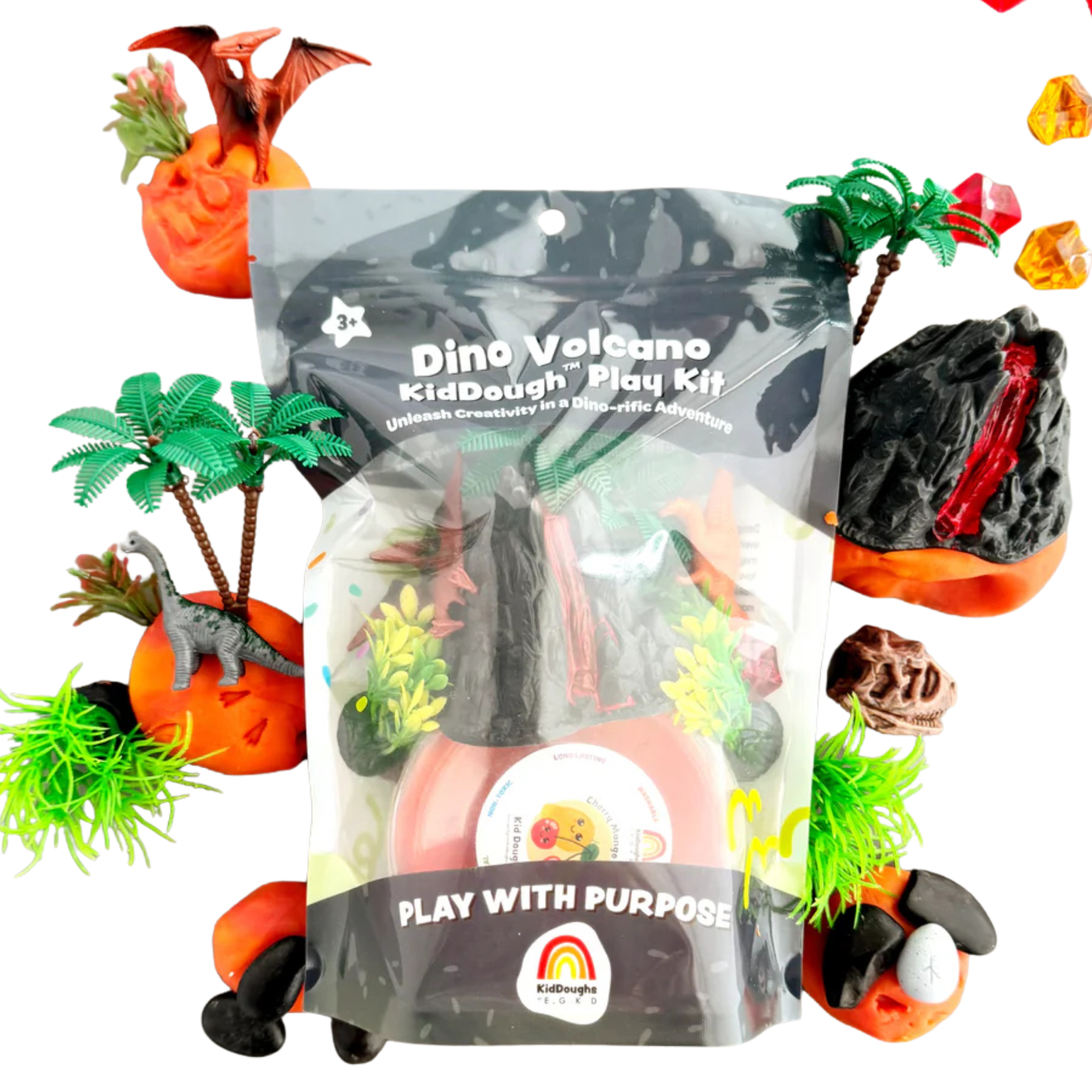 Dinosaur volcano sensory playdough kit with red and orange marbled KidDough, dinosaur figurines, volcano toy, palm trees and rocks for kids small world play