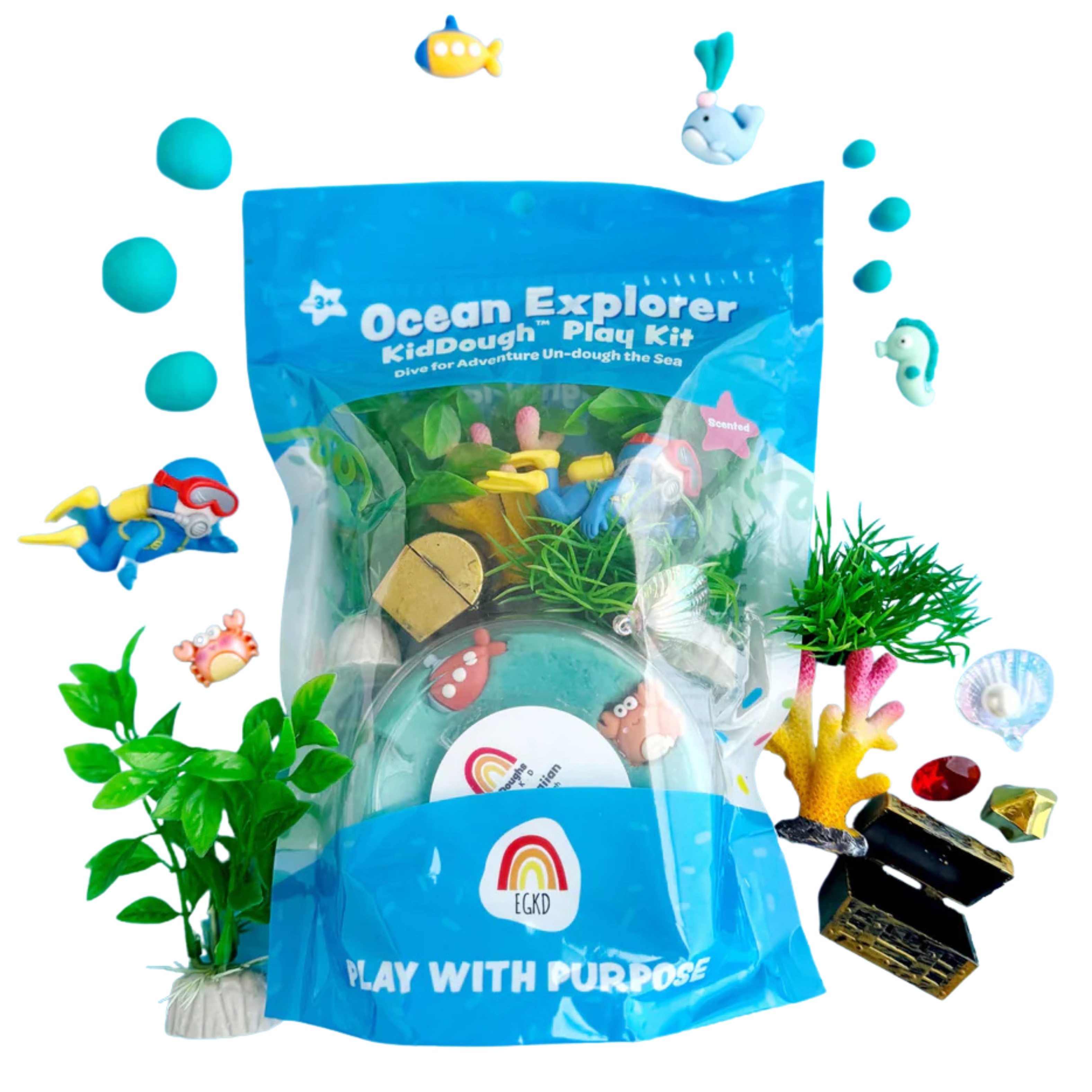 Ocean themed sensory playdough kit with blue KidDough, sea animal figurines, coral, sea plants and treasure chest accessories for kids under the sea imaginative play