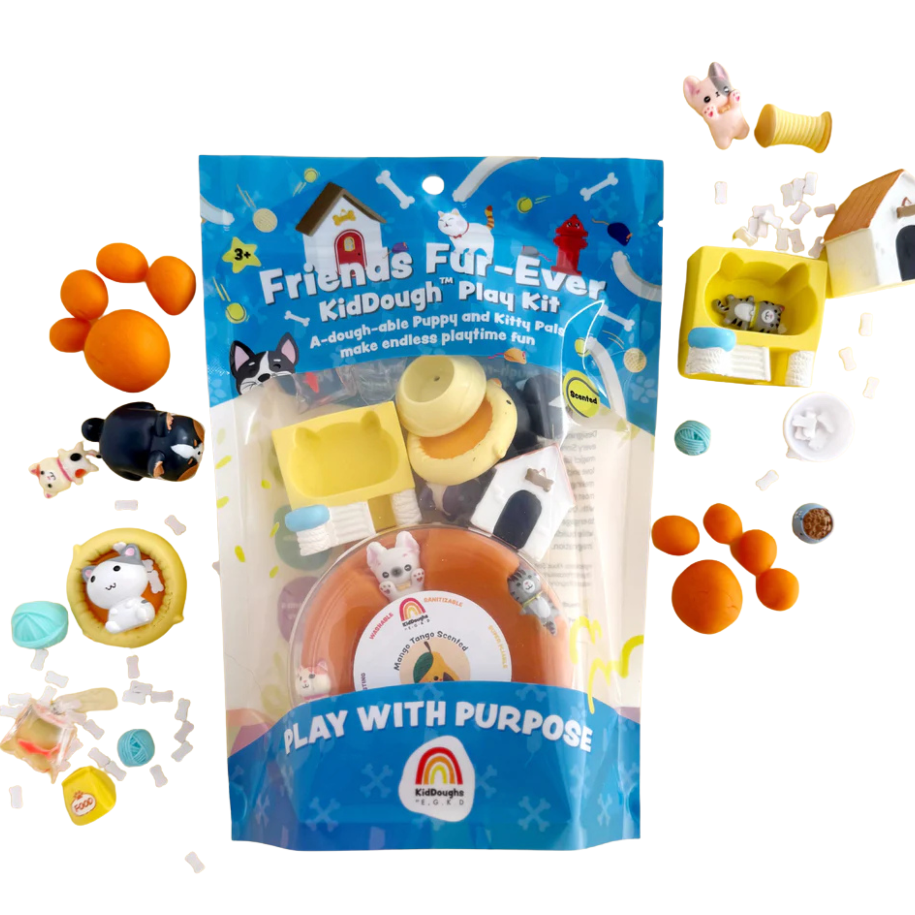 Friends Fur-ever KidDough sensory play kit with orange scented playdough, pet figurines, animal charms and mini accessories arranged on a yellow background for kids sensory play