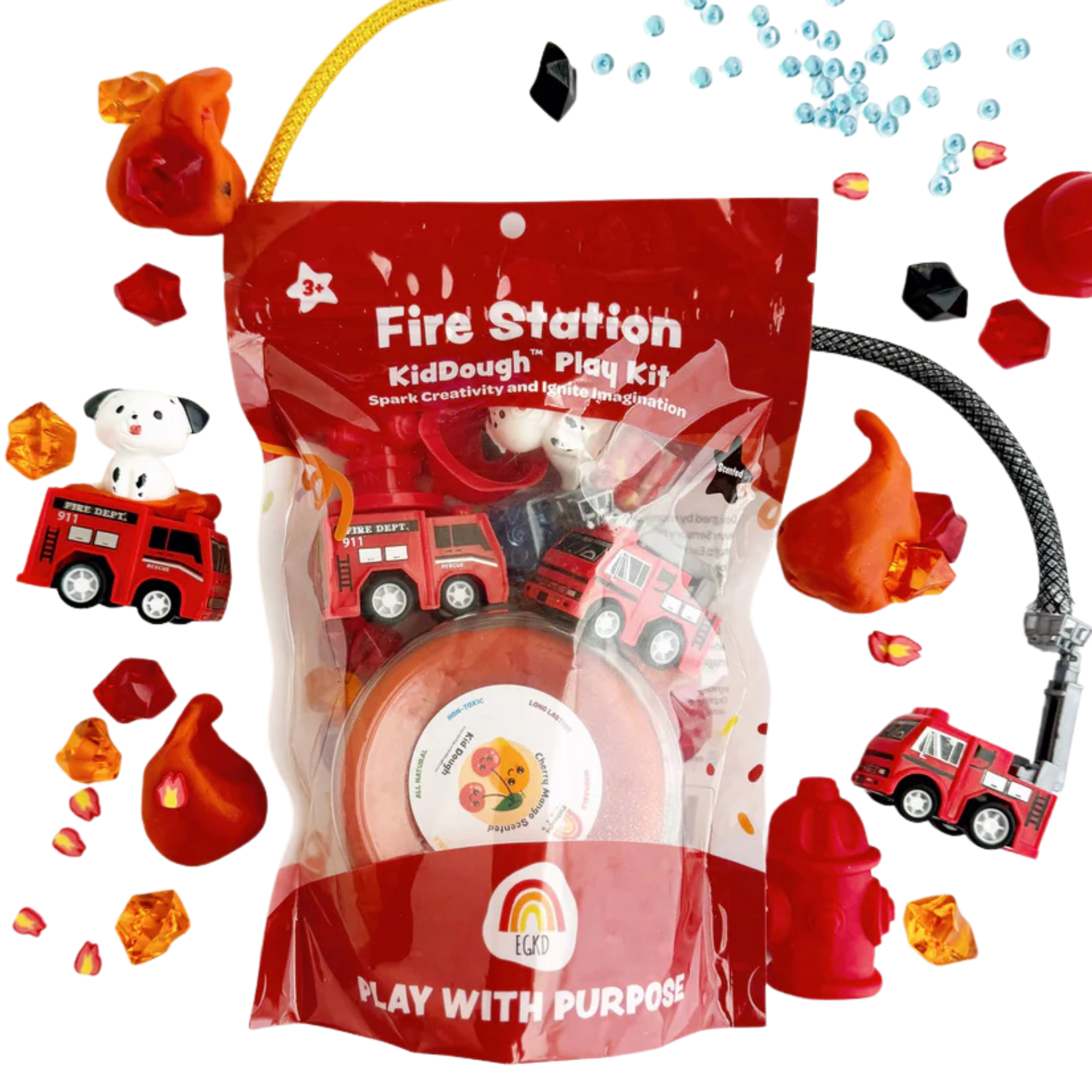 Fire station themed sensory playdough kit for kids with red playdough, fire truck toys, dalmatian figurine, beads and sensory mix-ins on a light background