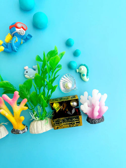 Kids ocean playdough kit with treasure chest, shells, coral and aquatic figurines designed for hands-on sensory exploration and pretend beach play