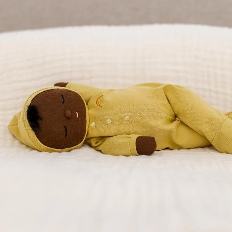 Olli Ella Dozy Dinkum Mini doll lying flat yellow outfit