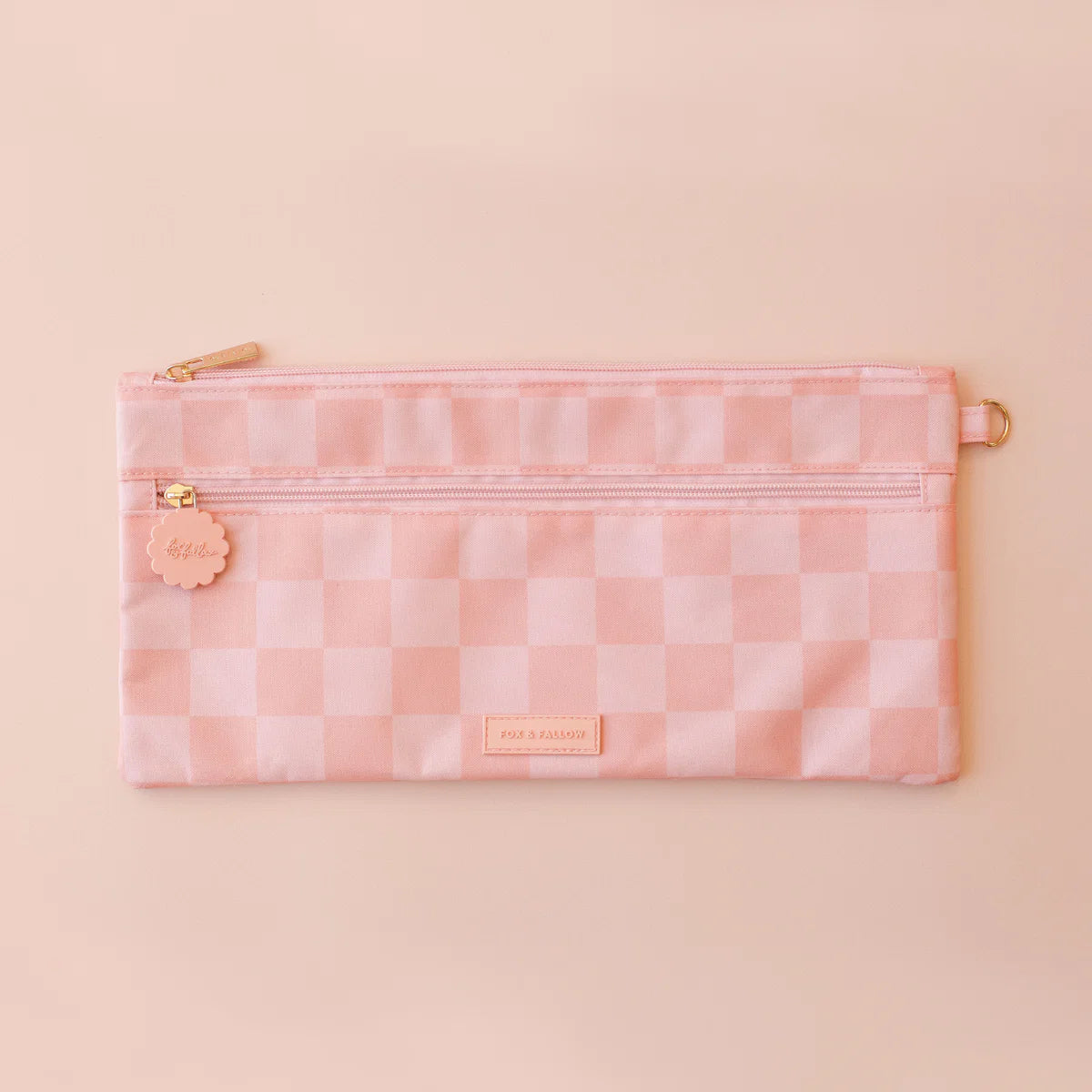 Fox & Fallow large pencil case. Spacious, durable and can be personalised with embroidery, perfect for school, highschool and everyday use. Can also get matching backpack and lunch bag. This print is peach check