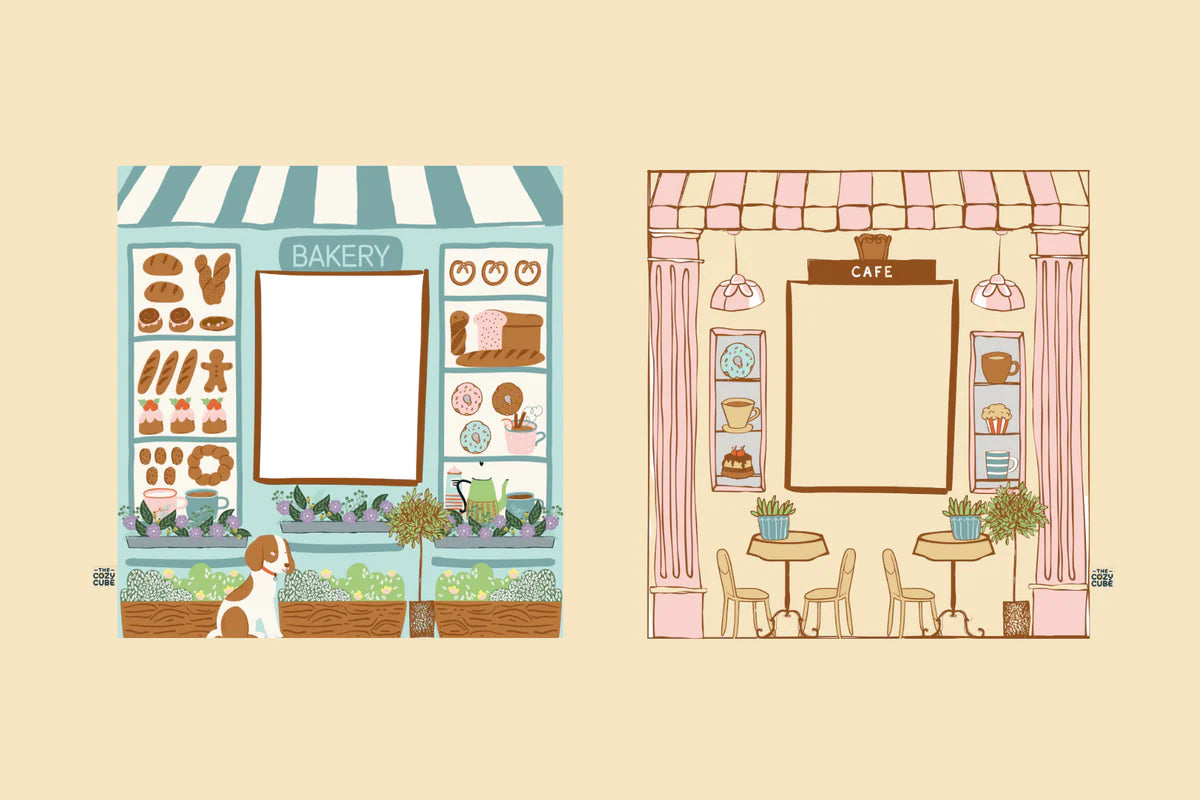 The Cozy Cube pretend café shop panel with adjustable hanging setup