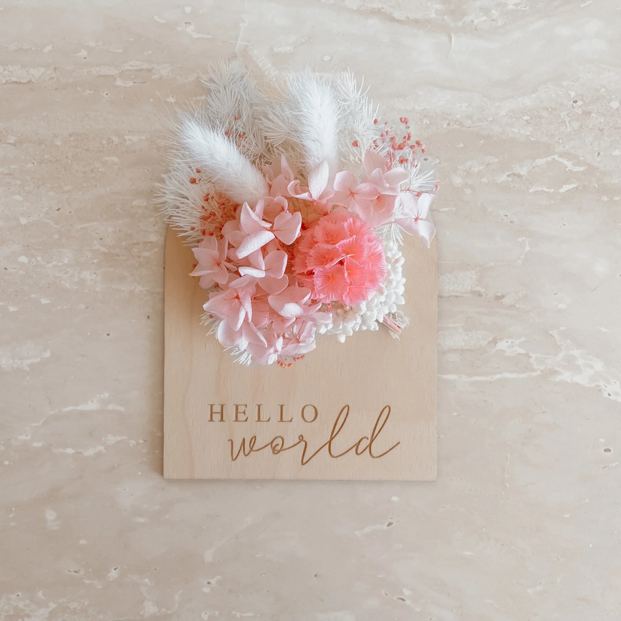 Dried Floral Announcement Plaque - Pink | Hello World