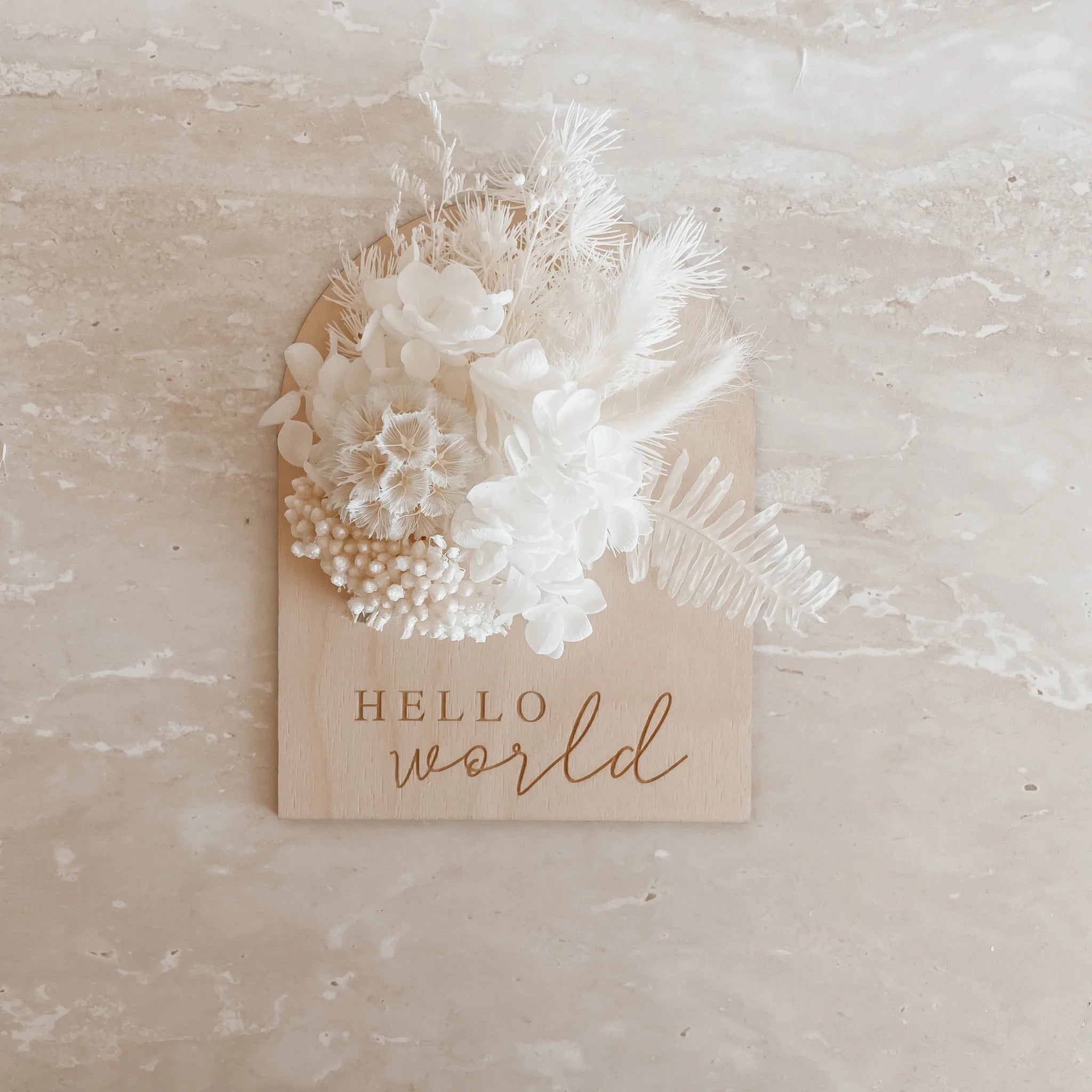 Dried Floral Announcement Plaque - White | Hello World
