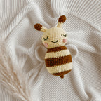 Honey Bee crochet baby rattle by Blossom and Pear handcrafted in soft milk cotton