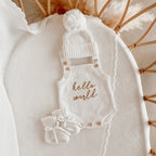 Hello World romper bundle with beanie by Blossom and Pear with knit baby romper booties and beanie