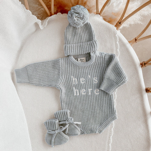 He's Here - Long Knit Romper | Announcement Bundle