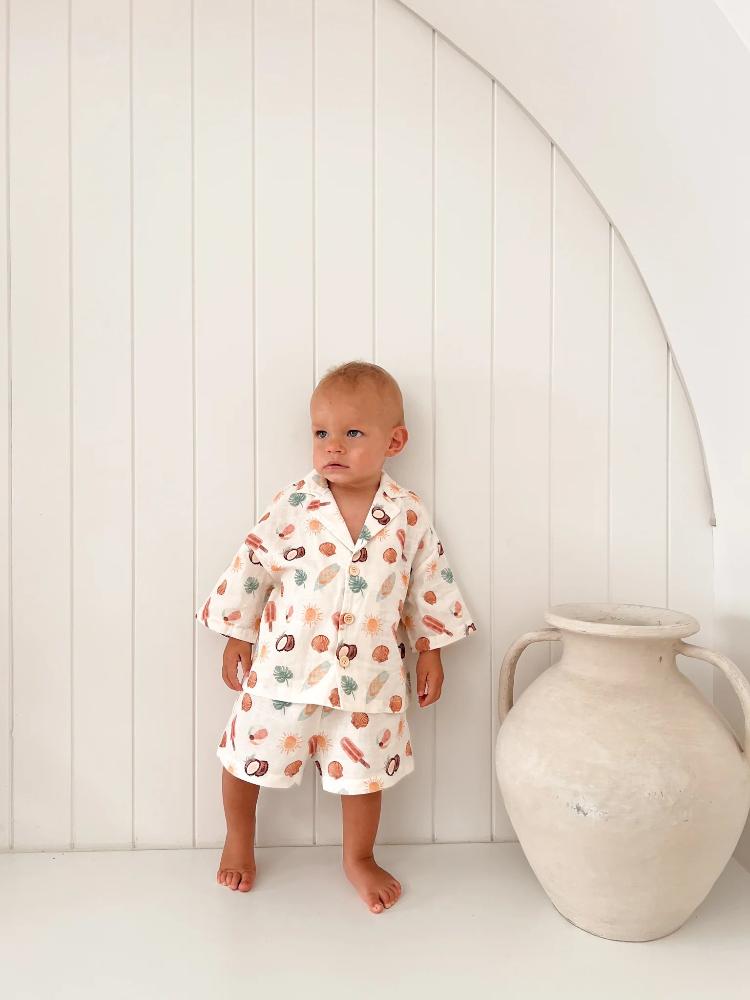 Blossom and Pear Sunny Daze two piece kids outfit with button shirt and matching shorts
