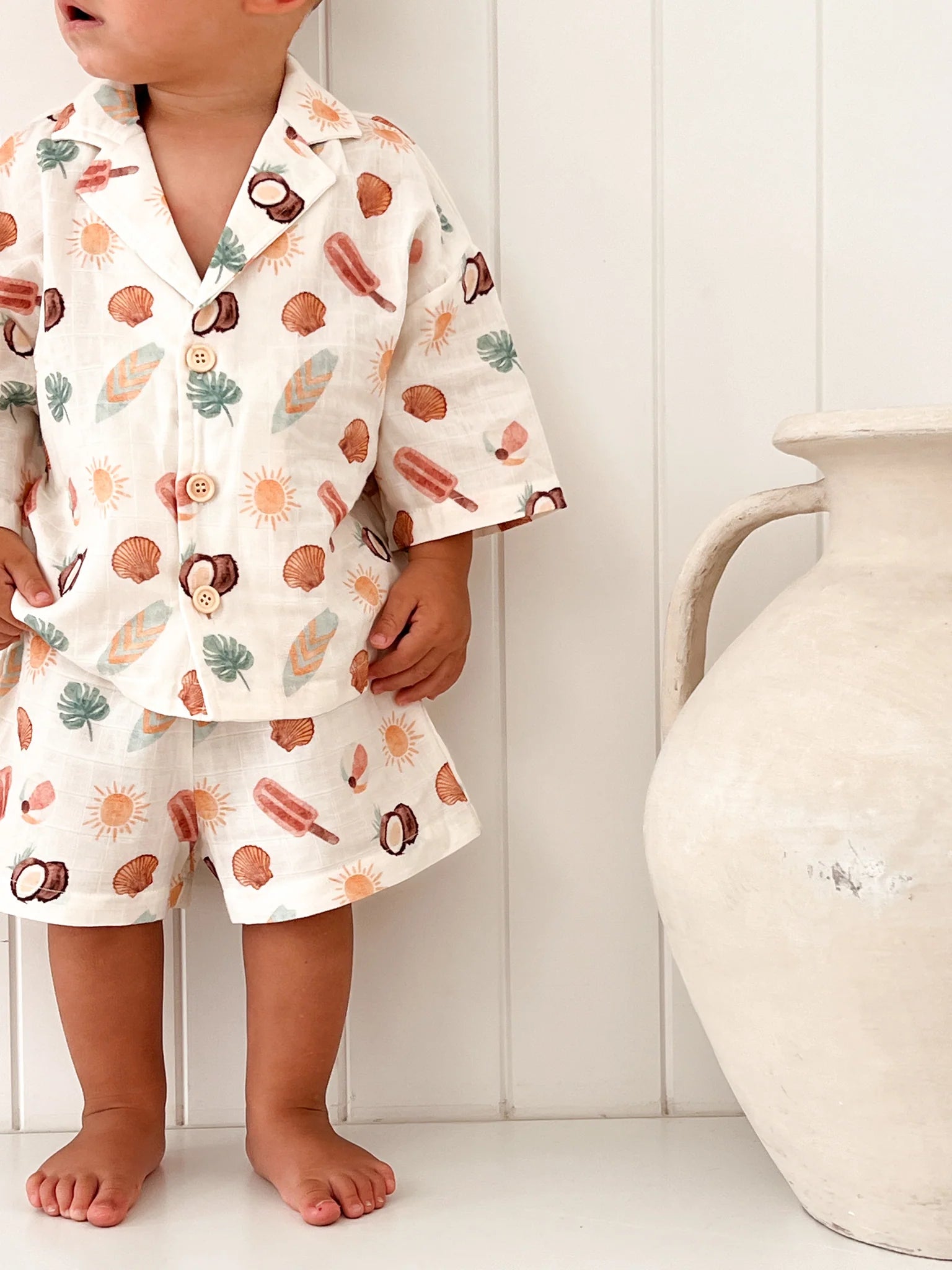 Children’s cotton summer lounge set with tropical coconut print by Blossom and Pear
