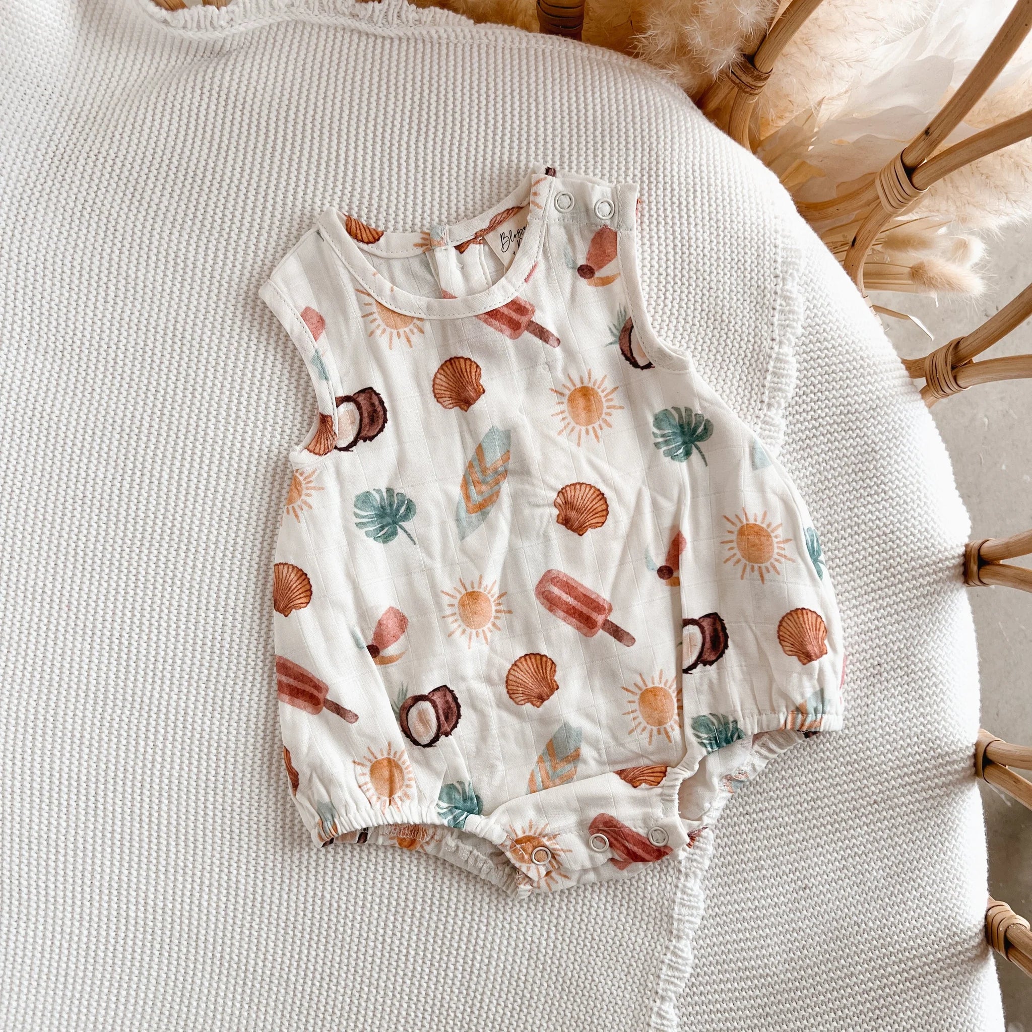Baby bubble romper in Sunny Daze tropical print by Blossom and Pear