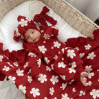 Blossom and Pear red floral knit baby blanket with ruffle frill edging