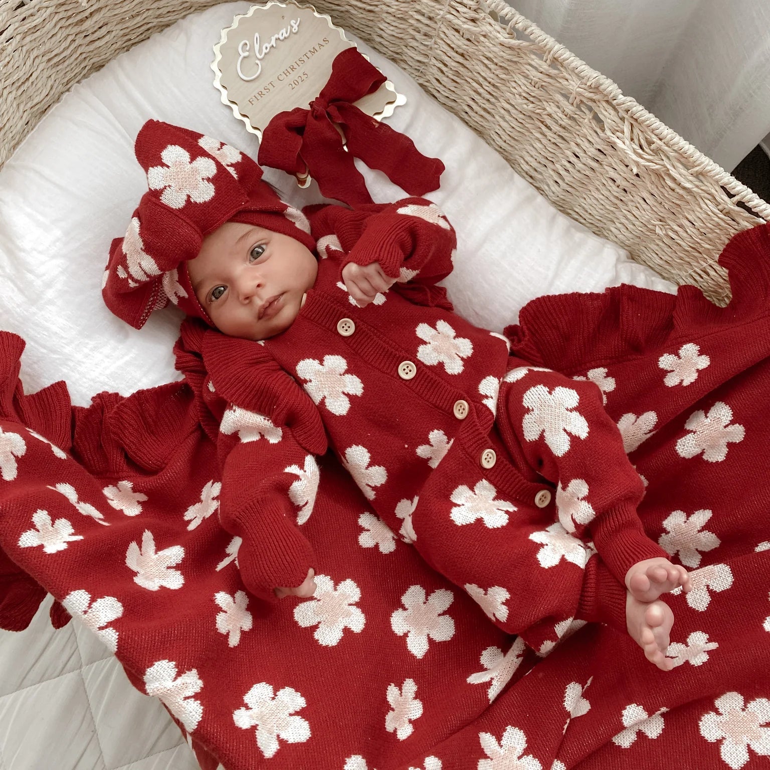 Heirloom Poppy Frill Knit Blanket | Red Posy