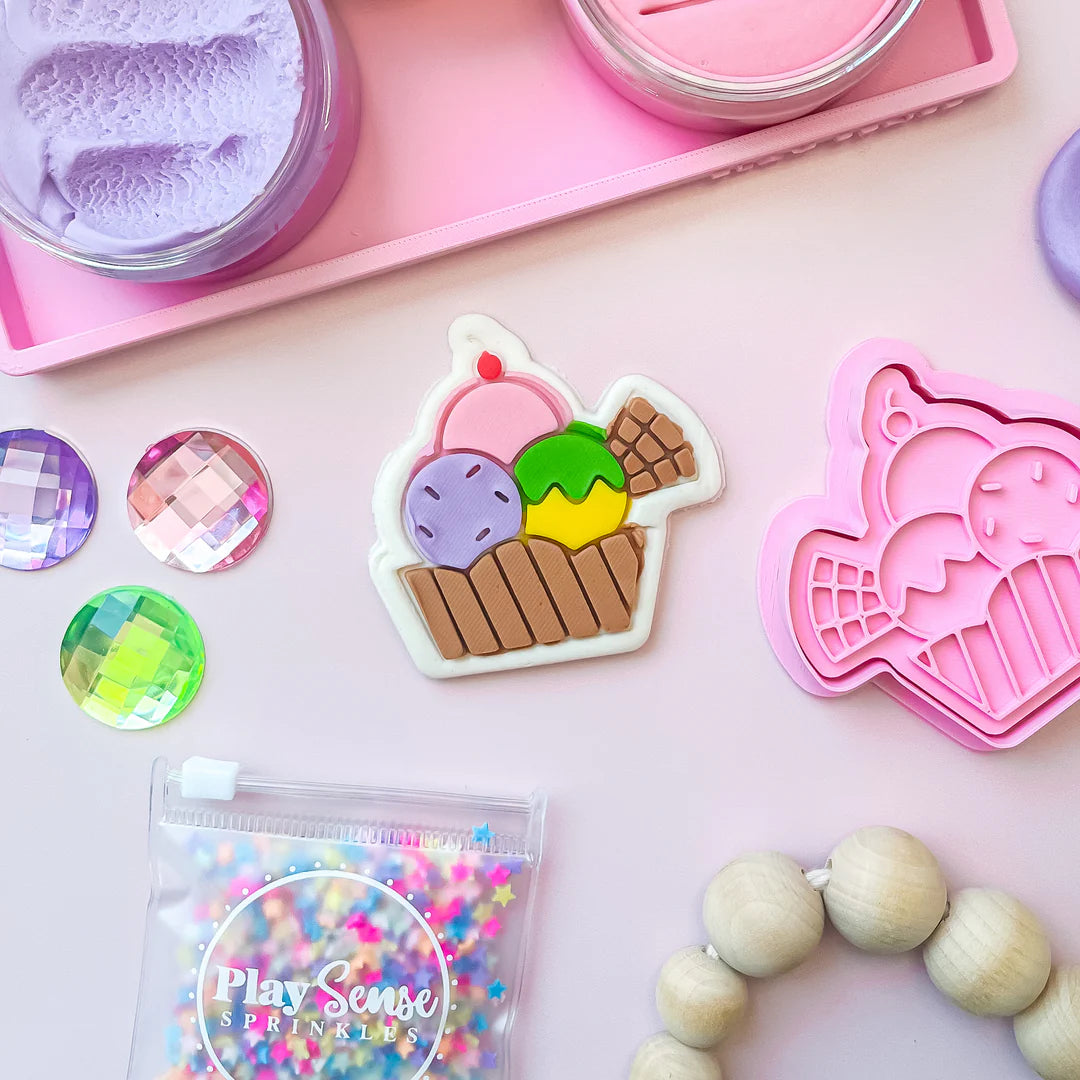how to use image of playdough/clay stamp and cutter. Eco-friendly sensory play tool by brand playsense perfect for creative and imaginative play. can also be used for cookies and baking. pictured is sundae