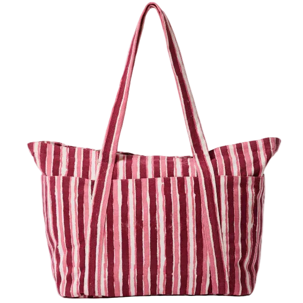 striped tote bag in pink and plum tones for everyday use