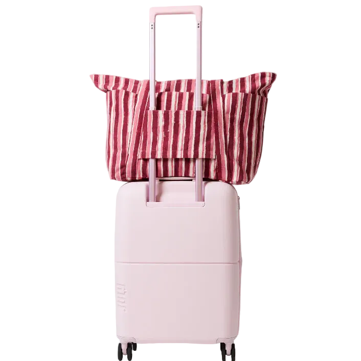 large tote bag with stripe pattern and multiple pockets