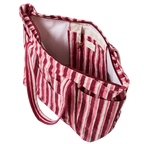 plum and pink striped bag with roomy interior and pockets