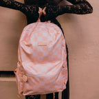 photoshoot front on viewof Fox & Fallow backpack for kids, perfect for school, daycare and everyday use. Spacious, practical and designed for little adventures. Personalisation of embroidery with name also available on bags in 2 placements. This print is peach check