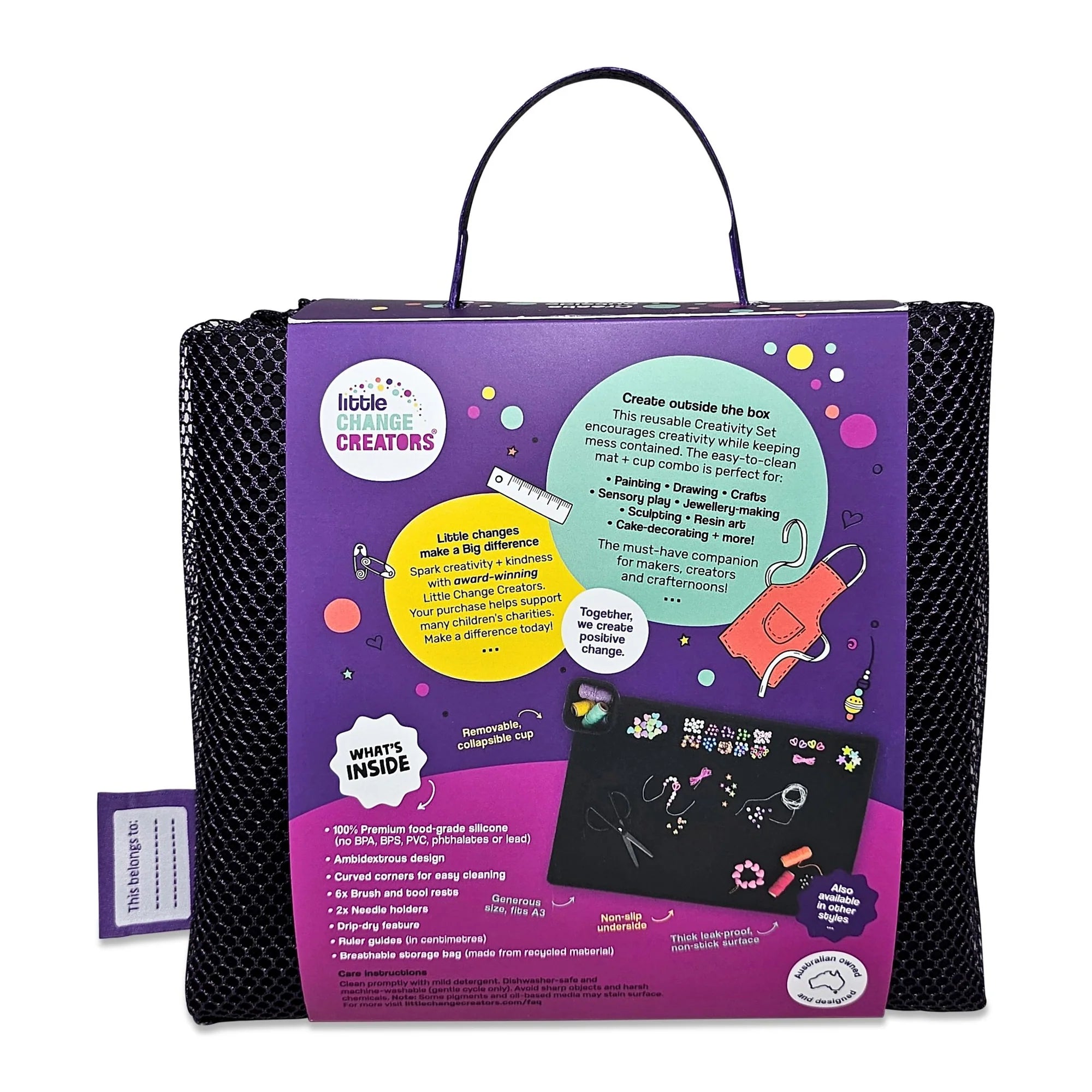 back packaging of how to use the Re-CRAFT-able Silicone Creativity Mat Set in black with silicone craft mat and cup. A fun and practical solution for mess free creative play. made by little change creators