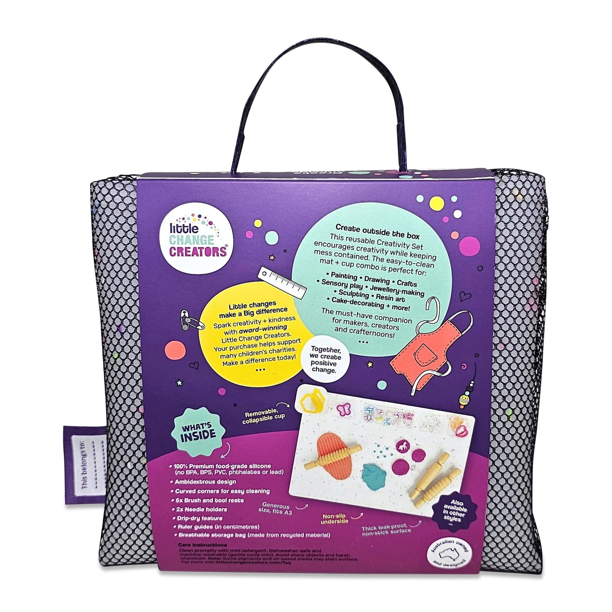 back packaging of the Re-CRAFT-able Silicone Creativity Mat Set in Confetti with silicone craft mat and cup. A fun and practical solution for mess free creative play. made by little change creators