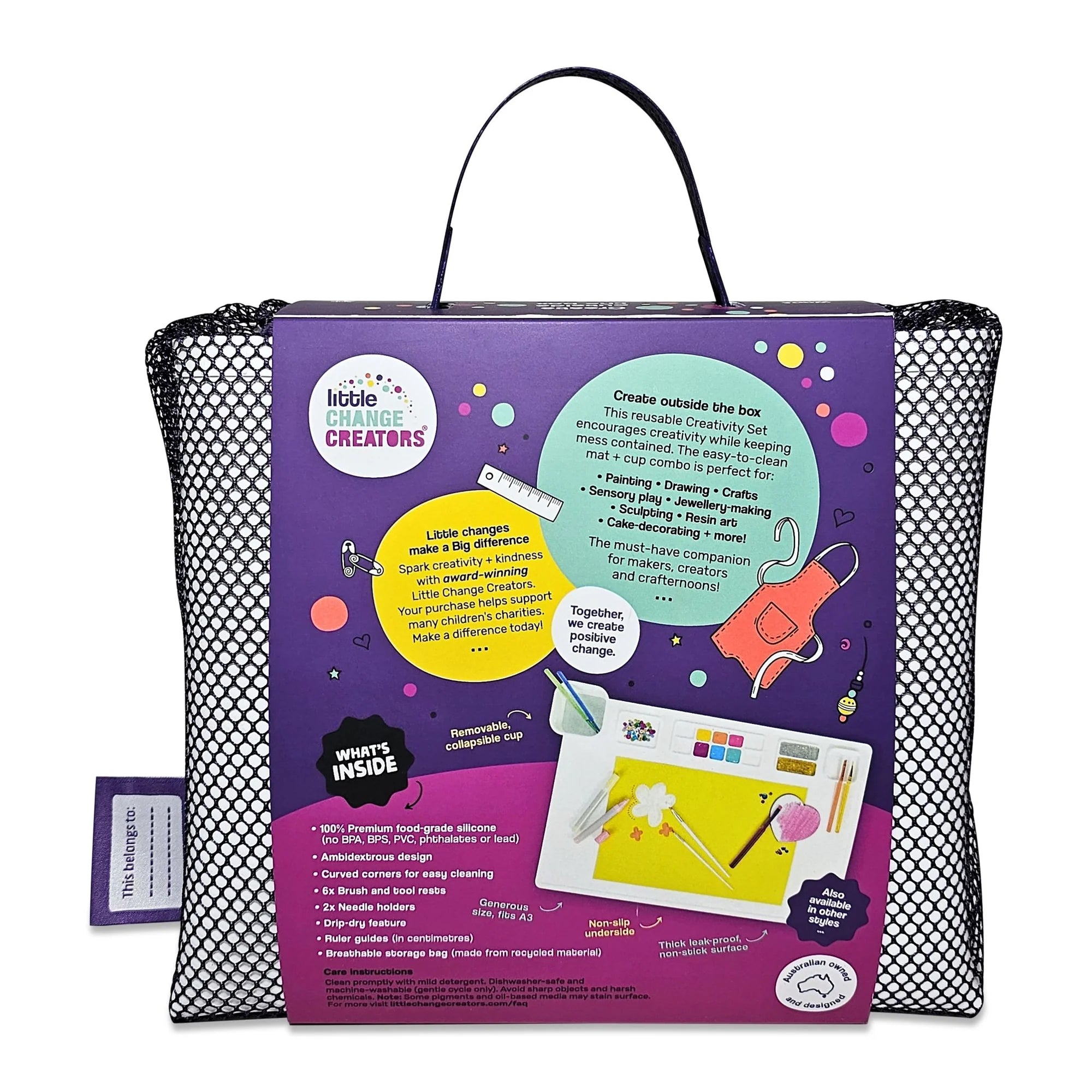 back packaging of the Re-CRAFT-able Silicone Creativity Mat Set in white with silicone craft mat and cup. A fun and practical solution for mess free creative play. made by little change creators