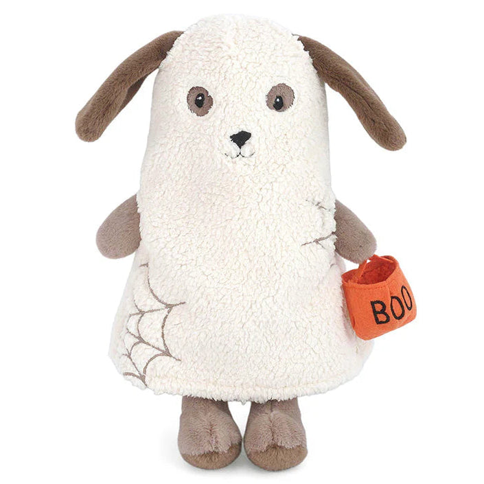 Trick or Treat Puppy plush toy by Mon Ami wearing a removable ghost costume