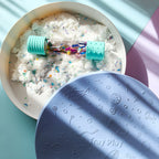Jellystone Designs soft blue sensory play tray with removable silicone lid
