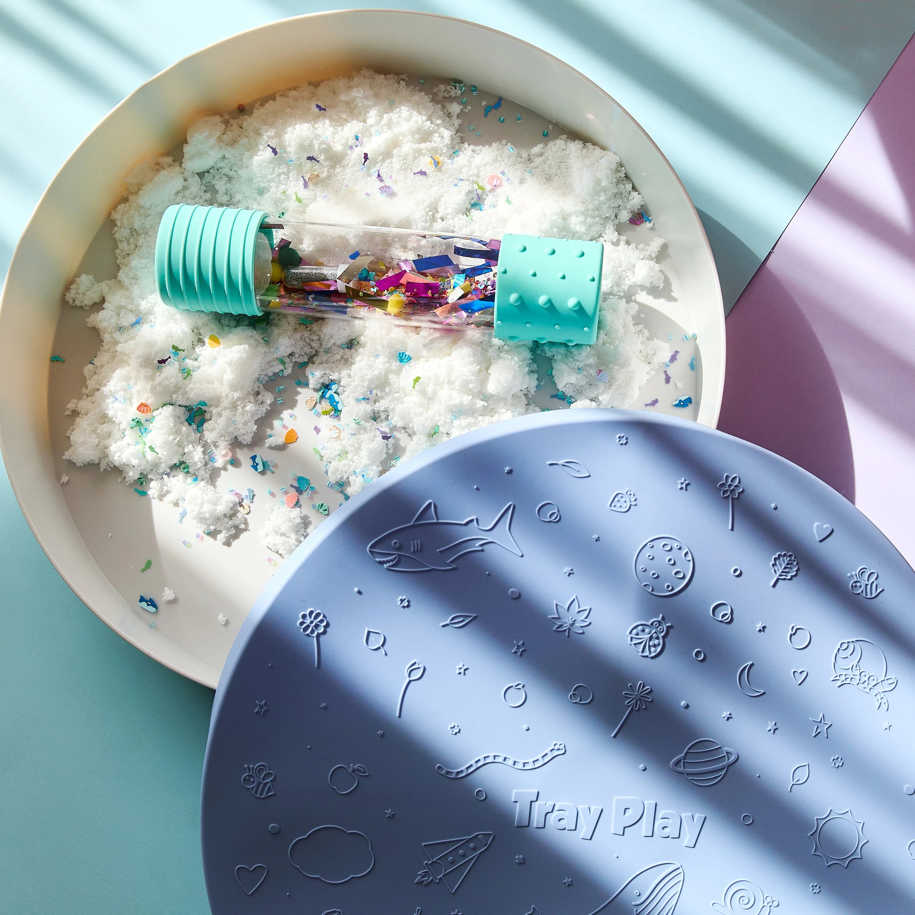 Jellystone Designs soft blue sensory play tray with removable silicone lid
