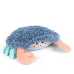 blue shaggy shy crab plushy by brand mon ami. embroidered eyes and 3d details, colourblock crab