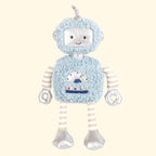 A plush toy robot in light blue fuzzy fabric with cream and blue striped arms and legs, a smiling face on a silver panel, and a small space-themed chest graphic, shown on a plain white background.