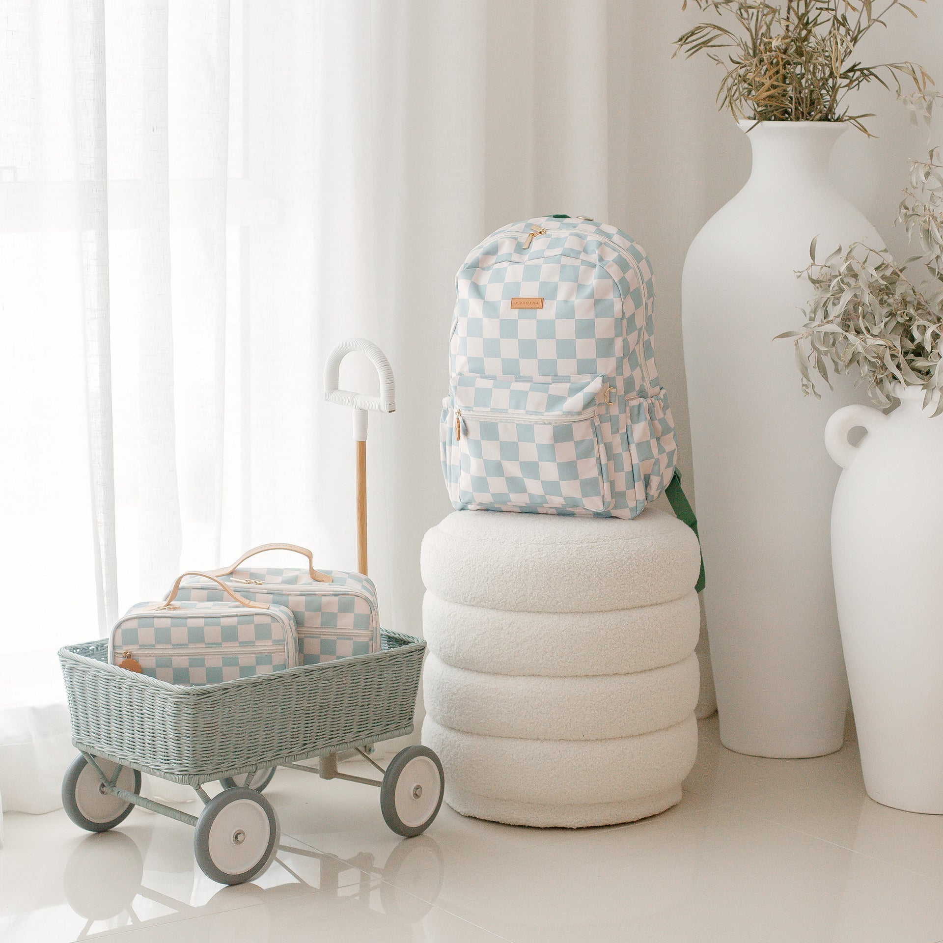 Fox & Fallow sage check lunch bags and matching backpack