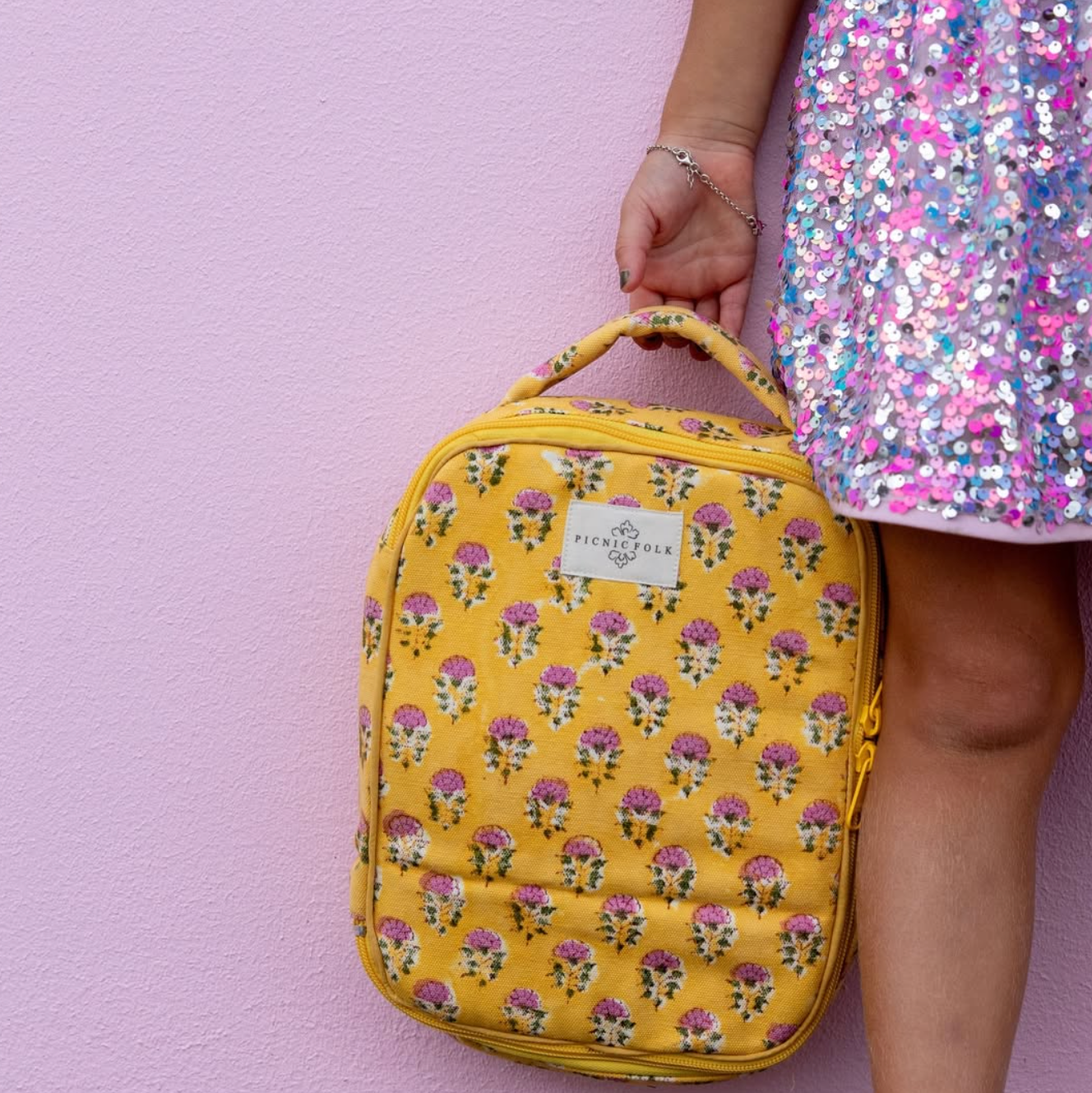 kids insulated lunch bag in yellow with pink floral pattern
