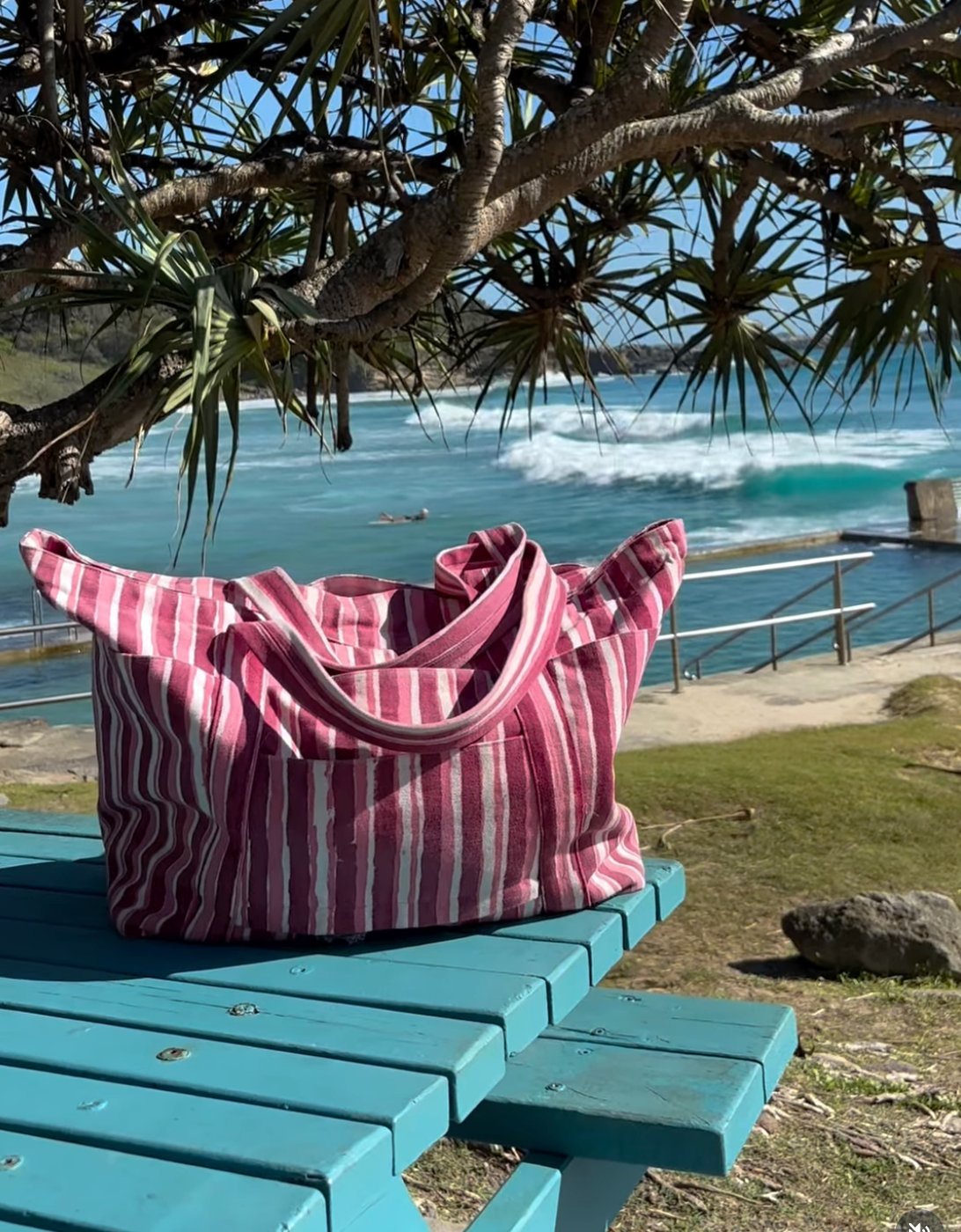 large everyday tote bag in plum stripe print