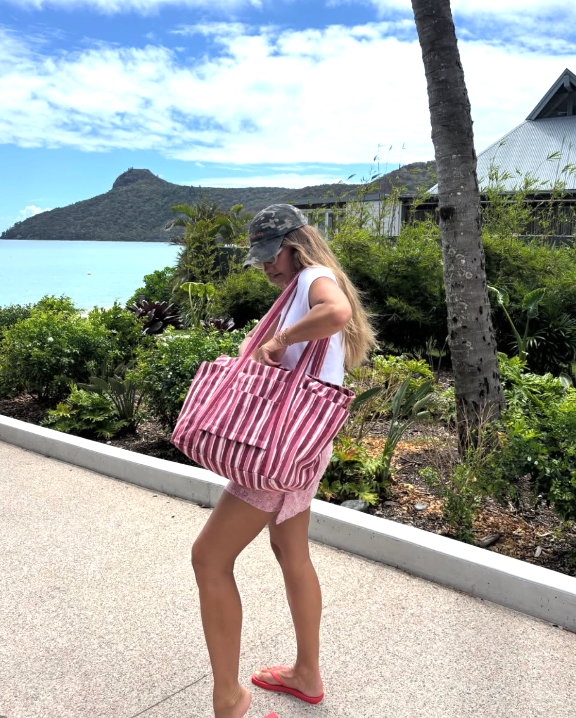 pink stripe tote bag with internal organiser pockets