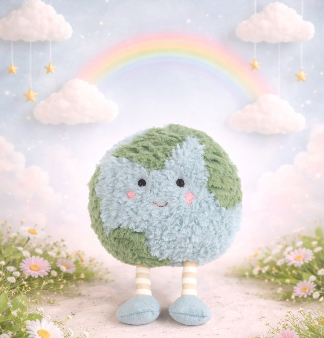 Soft Earth planet stuffed toy featuring blue oceans and green continents