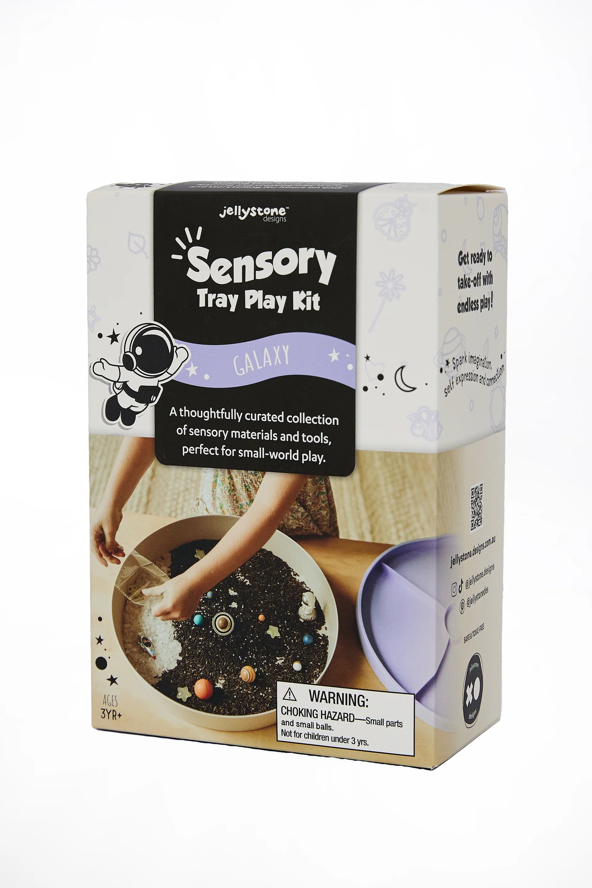Galaxy sensory tray kit with astronaut rocket planets and tactile shredded sensory base