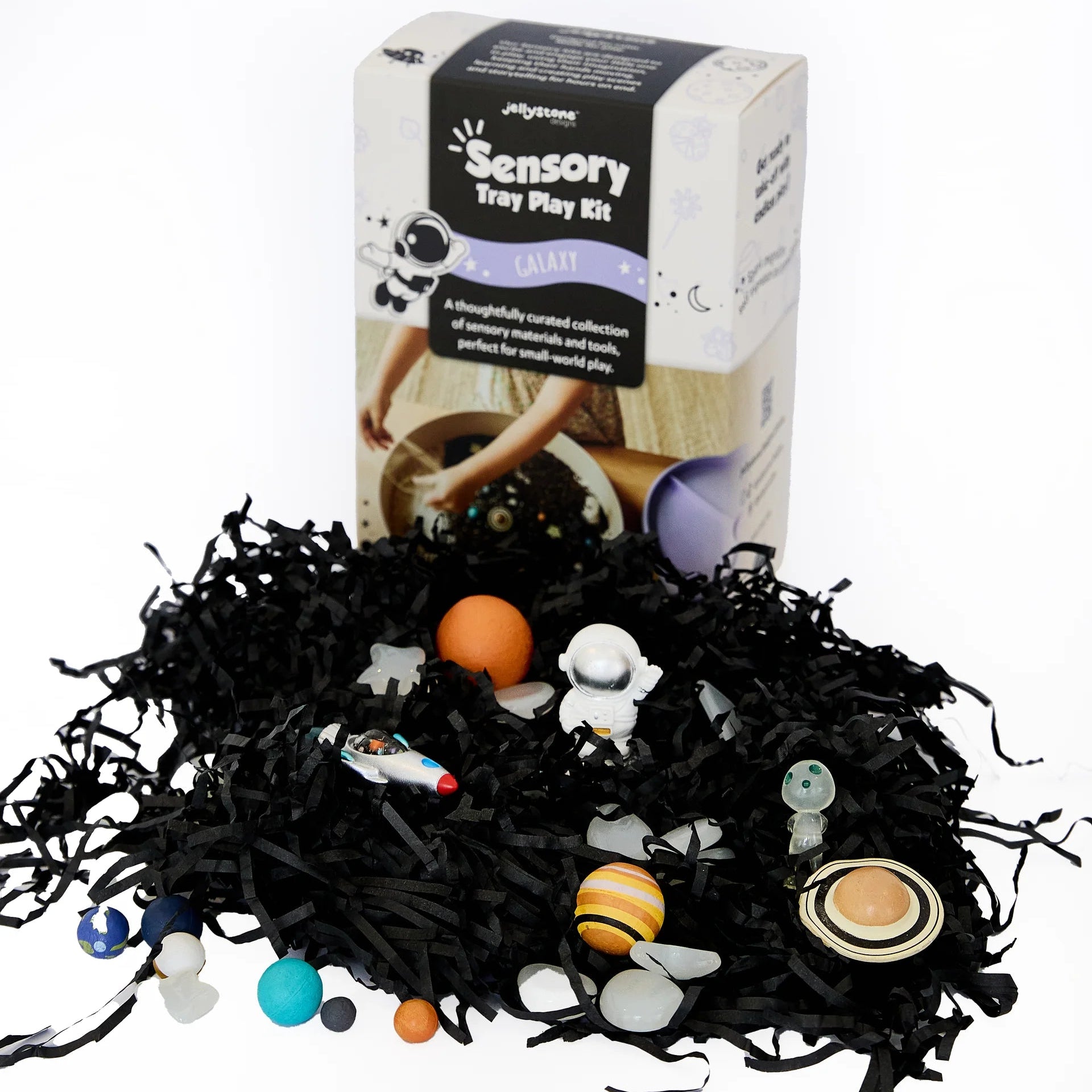 Jellystone Designs Galaxy Sensory Tray Play Kit with astronaut planets alien and space sensory pieces