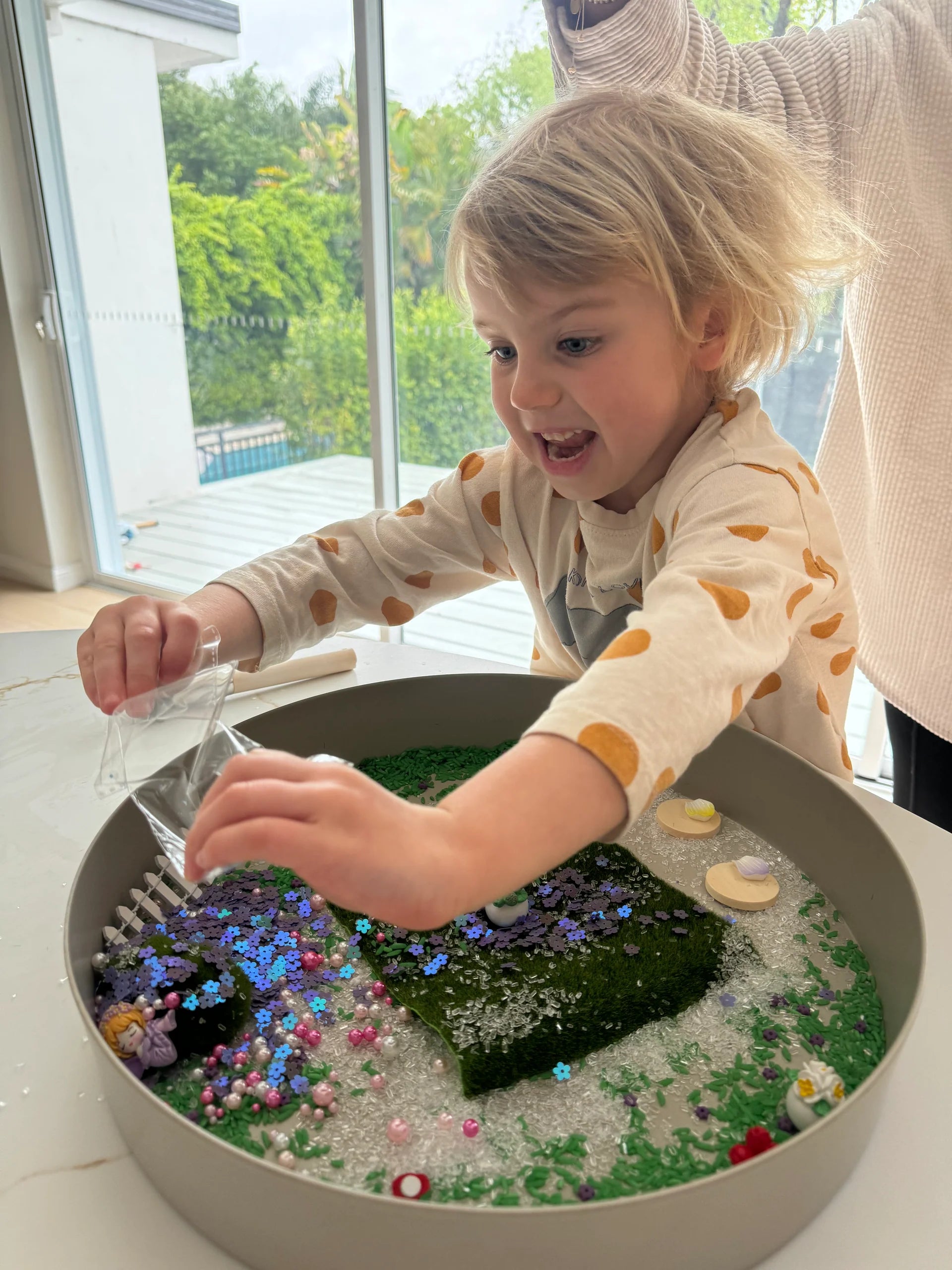 Fairy Garden sensory play kit with fairy accessories pink sensory base and tactile play materials