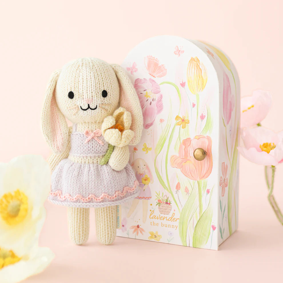 Hand-knit Tiny Lavender bunny with Tiny Home