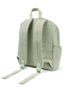 back view of straps on Corduroy kids backpack with front pocket, laptop sleeve, health label, name label, options to personalise a name with embroidery, spacious. perfect for school or travel. this colour is sage