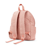 back view of straps on Corduroy kids backpack with front pocket, laptop sleeve, health label, name label, options to personalise a name with embroidery, spacious. perfect for school or travel. this colour is dusty rose