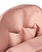 inside pockets view of Corduroy kids backpack with front pocket, laptop sleeve, health label, name label, options to personalise a name with embroidery, spacious. perfect for school or travel. this colour is dusty rose