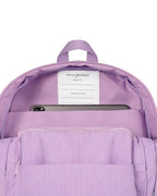 inside view of Corduroy kids backpack with front pocket, laptop sleeve, health label, name label, options to personalise a name with embroidery, spacious. perfect for school or travel. this colour is lilac