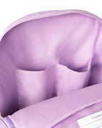 inside pockets of Corduroy kids backpack with front pocket, laptop sleeve, health label, name label, options to personalise a name with embroidery, spacious. perfect for school or travel. this colour is lilac