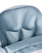 inside view pockets on Corduroy kids backpack with front pocket, laptop sleeve, health label, name label, options to personalise a name with embroidery, spacious. perfect for school or travel. this colour is powder blue