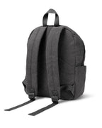back view of Corduroy kids backpack with front pocket, laptop sleeve, health label, name label, options to personalise a name with embroidery, spacious. perfect for school or travel. this colour is charcoal